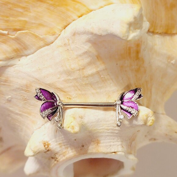 Pair of 14G bunny ends surgical steel nipple bars with pink CZ gems - Picture 6 of 6